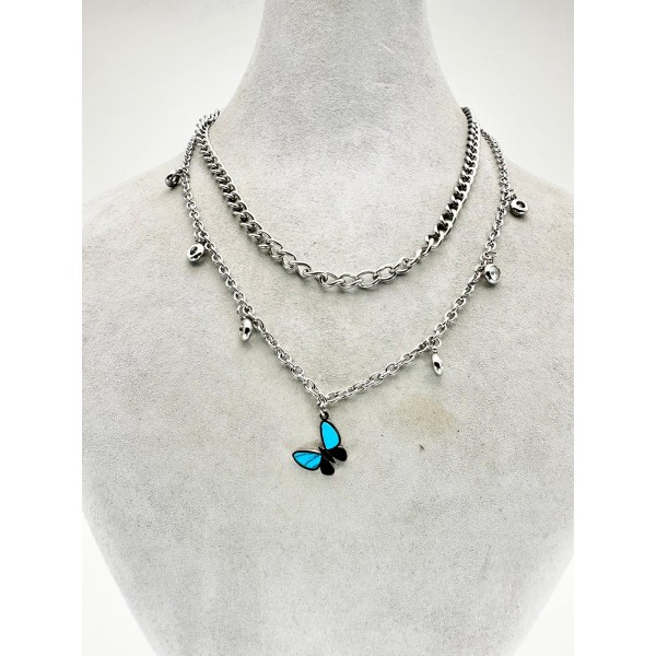 Gümüş İkiili Kelebek Detaylı Kolye